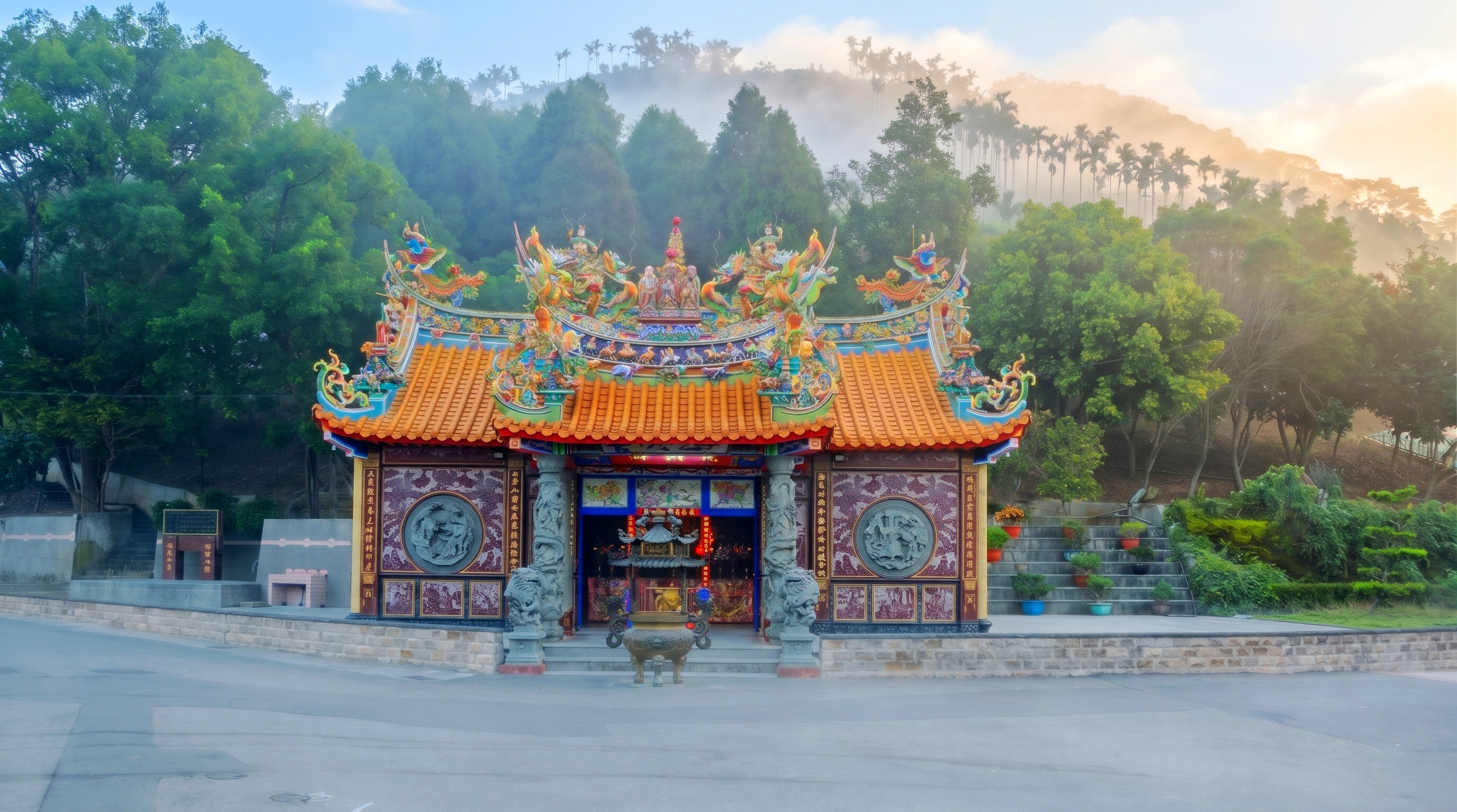 依偎在麒麟山南麓的永隆開山廟全景